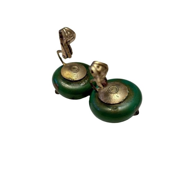 Vintage Green Abstract Dot Clip On Non-Pierced Earrings Goldtone .75" - Picture 5 of 6